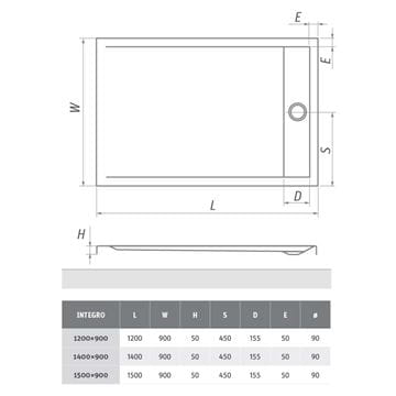 ROTH INTEGRO sprchová vanička 140x90 cm, akrylát, bez nožičiek 8000170 Technický nákres