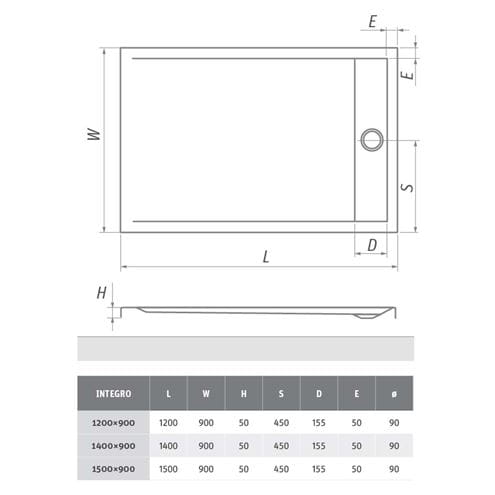 ROTH INTEGRO sprchová vanička 140x90 cm, akrylát, bez nožičiek 8000170 Technický nákres