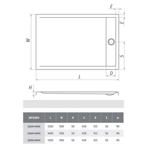 ROTH INTEGRO sprchová vanička 150x90 cm, akrylát, bez nožičiek 8000171 Technický nákres