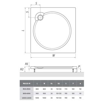 ROTH MACAO-M sprchová vanička 80x80 cm, liaty mramor, s nožičkami, s protišmykom 8000062 Technický nákres