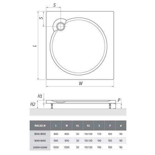 ROTH MACAO-M sprchová vanička 80x80 cm, liaty mramor, s nožičkami, s protišmykom 8000062 Technický nákres