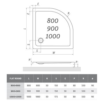 ROTH FLAT ROUND sprchová vanička 100x100 cm, R550, akrylát, bez nožičiek 8000117 Technický nákres