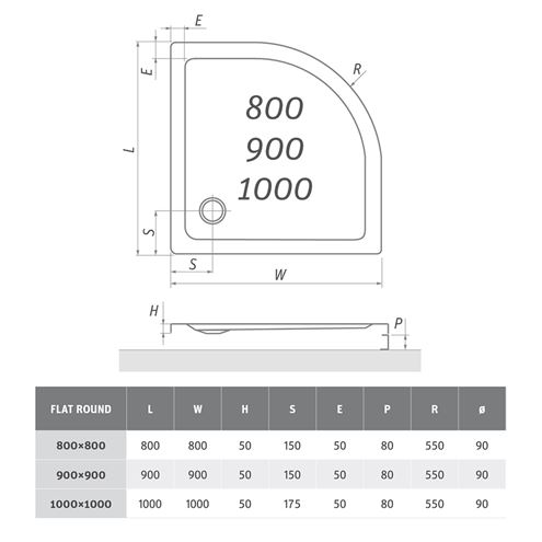 ROTH FLAT ROUND sprchová vanička 100x100 cm, R550, akrylát, bez nožičiek 8000117 Technický nákres