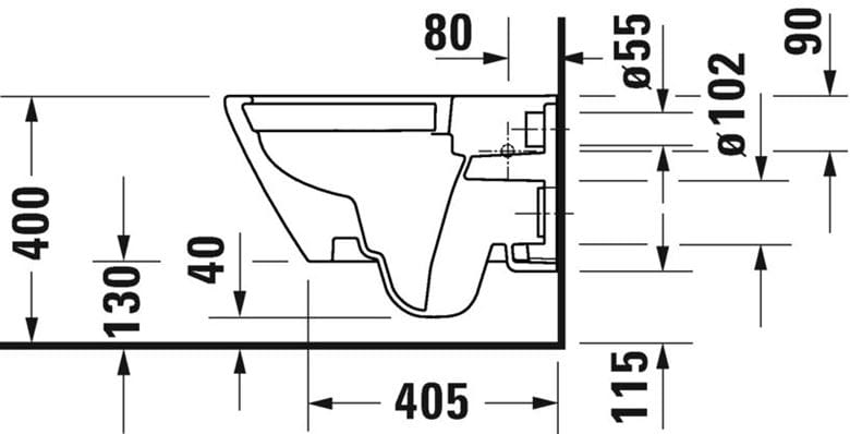 DURAVIT D-NEO závesné WC 370x540 mm, Rimless splachovanie, Wondergliss 25770900001 Technický nákres