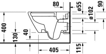DURAVIT D-NEO závesné WC 370x540 mm, Rimless splachovanie, Wondergliss 25770900001 Technický nákres