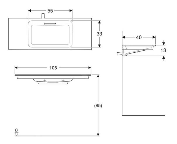 GEBERIT ONE umývadlo 105 cm, skrytý prepad, KeraTect 500.396.01.2 Technický nákres