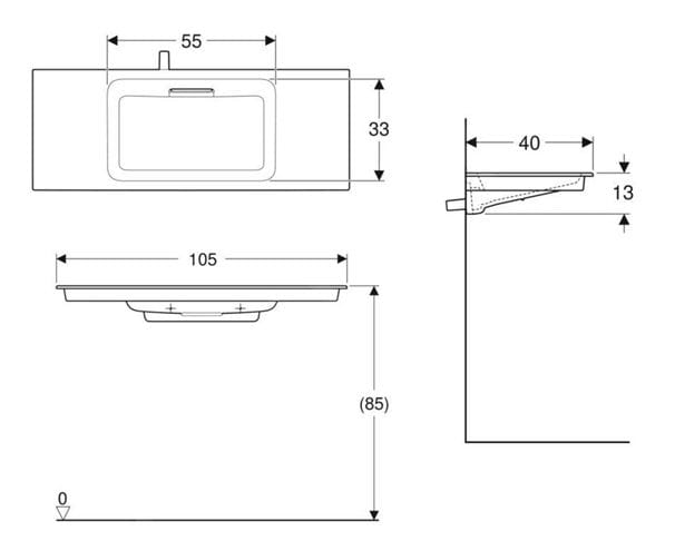 GEBERIT ONE umývadlo 105 cm, skrytý prepad, KeraTect 500.396.01.1 Technický nákres