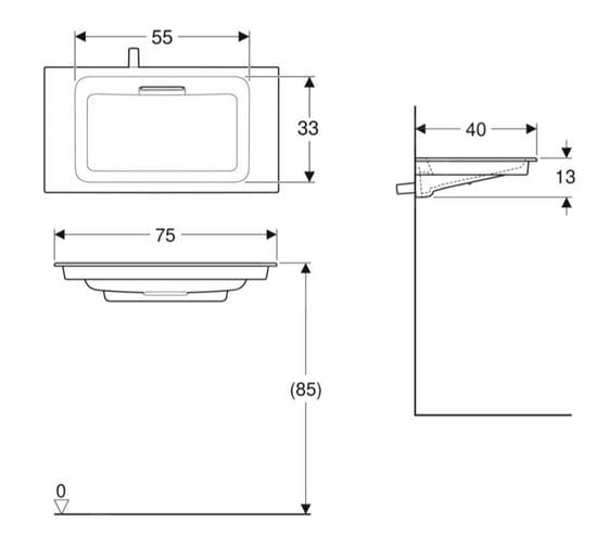 GEBERIT ONE umývadlo 75 cm, skrytý prepad, KeraTect 500.391.01.2 Technický nákres