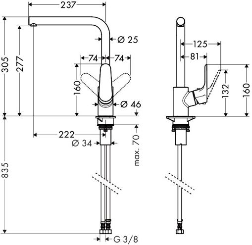 HANSGROHE FOCUS M41 drezová batéria, chróm 31817000 Technický nákres