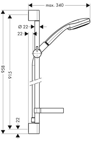 HANSGROHE CROMA 100 3JET sprchová súprava 4-dielna, ručná sprcha pr. 100 mm, 3 prúdy, tyč, hadica, mydelnička, chróm 27774000 Technický nákres