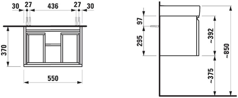 LAUFEN PRO S skrinka pod umývadlo 55x37x39, 2 cm, 1 zásuvka, s organizérom, lesklá biela H4830320954751 Technický nákres