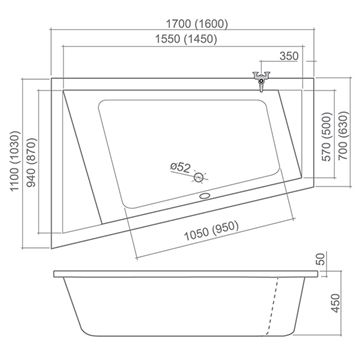ROTH KUBIC ASYMMETRIC rohová vaňa 160x103 cm, bez nožičiek, akrylát 9660000 Technický nákres