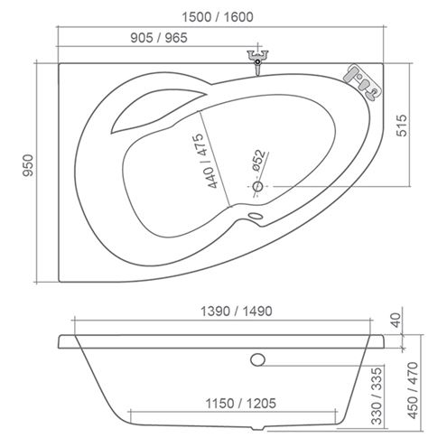 ROTH HARMONIA 160 rohová vaňa 160x95 cm, bez nožičiek, akrylát 9820000 Technický nákres