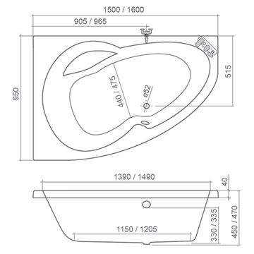 ROTH HARMONIA 150 rohová vaňa 150x95 cm, bez nožičiek, akrylát 9800000 Technický nákres