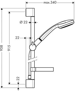HANSGROHE CROMA 100 1JET sprchová súprava 4-dielna, ručná sprcha pr. 100 mm, tyč, hadica, mydelnička, chróm 27724000 Technický nákres