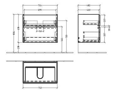 VILLEROY & BOCH VERITY LINE skrinka pod umývadlo 75,5x48,2x61,8 cm, 2 zásuvky, Glossy White B66300DH Technický nákres