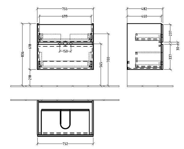 VILLEROY & BOCH VERITY LINE skrinka pod umývadlo 75,5x48,2x61,8 cm, 2 zásuvky, Glossy Grey B66300FP Technický nákres