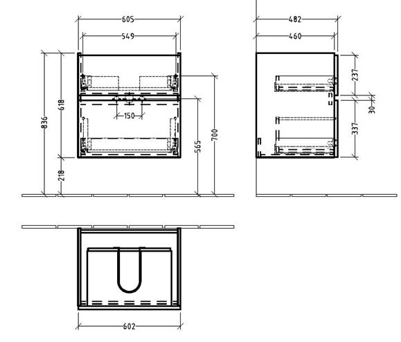 VILLEROY & BOCH VERITY LINE skrinka pod umývadlo 60,5x48,2x61,8 cm, 2 zásuvky, Glossy White B66400DH Technický nákres