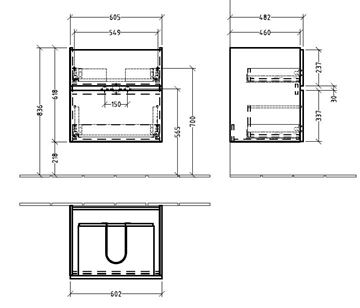 VILLEROY & BOCH VERITY LINE skrinka pod umývadlo 60,5x48,2x61,8 cm, 2 zásuvky, Glossy White B66400DH Technický nákres