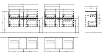 VILLEROY & BOCH VERITY LINE skrinka pod umývadlo 115,5x48,2x61,8 cm, 4 zásuvky, Glossy Grey B65900FP Technický nákres