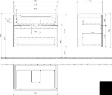 VILLEROY & BOCH SUBWAY 2.0 skrinka pod umývadlo 78,7x44,9x59 cm, 2 zásuvky, Glossy White A91410DH Technický nákres