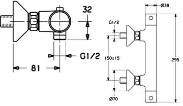HANSA UNITA sprchová batéria 150mm termostatická, nástenná, chróm 58130101 Technický nákres