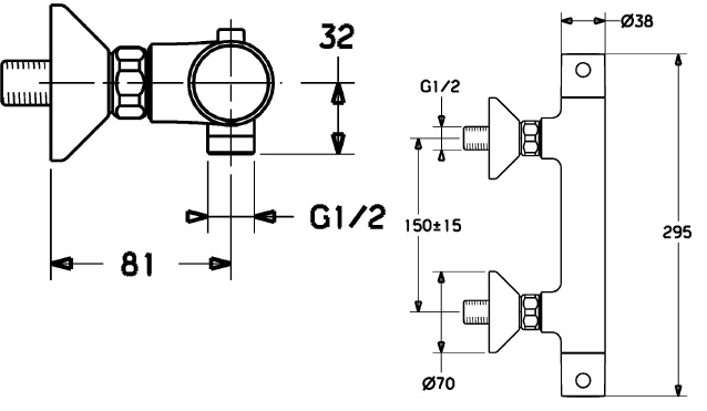HANSA UNITA sprchová batéria 150mm termostatická, nástenná, chróm 58130101 Technický nákres