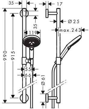 HANSGROHE RAINDANCE SELEST S 120 3JET sprchová súprava 3-dielna, ručná sprcha pr. 125 mm, 3 prúdy, tyč, hadica, biela/chróm 26322400 Technický nákres
