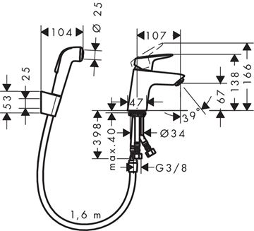 HANSGROHE LOGIS umývadlová batéria 107mm, stojanková, páková, s ručnou sprchou Bidette, chróm 71290000 Technický nákres