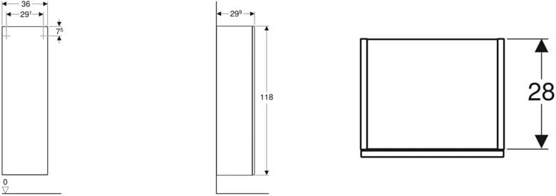 GEBERIT SMYLE SQUARE nízka skrinka 36x29, 9x118 cm, 1 dvierka, Push-open, matná lávová 500.361.JK.1 Technický nákres