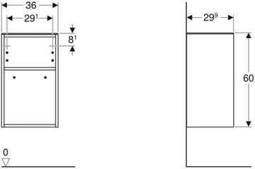 GEBERIT SMYLE SQUARE nízka skrinka 36x29, 9x60 cm, 1 polica, lesklá biela / čierna 500.358.00.1 Technický nákres