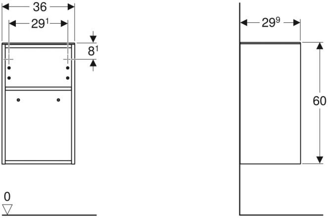 GEBERIT SMYLE SQUARE nízka skrinka 36x29, 9x60 cm, 1 polica, lesklá biela / čierna 500.358.00.1 Technický nákres