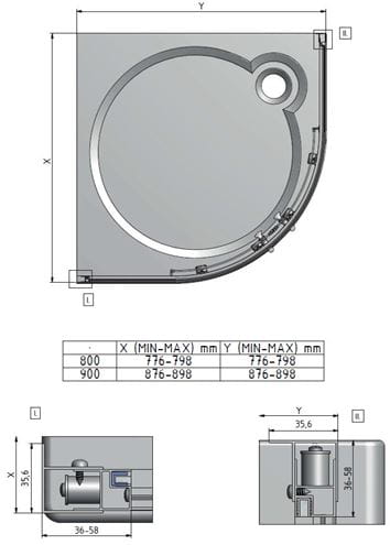 EASY ELR2 900 B sprchový kút 90x90 cm, R550, posuvné dvere, biela/transparent 542-9000000-04-02 Technický nákres