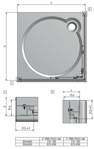 EASY ELS2 800 LH sprchový kút 80x80 cm, rohový vstup, posuvné dvere, brillant/transparent 543-8000000-00-02 Technický nákres