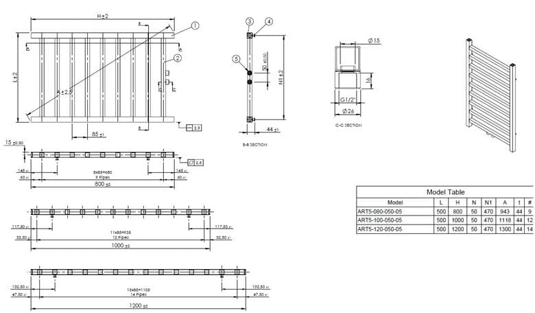 CONCEPT 200 CUBE kúpeľňový radiátor 1200/500, stredové pripojenie, chróm ART5C-120-050-05 Technický nákres