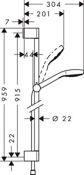 HANSGROHE CROMA SELECT E 3JET sprchová súprava 3-dielna, ručná sprcha 110x110 mm, 3 prúdy, tyč, hadica, biela/chróm 26590400 Technický nákres