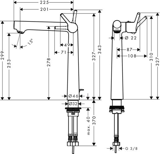 HANSGROHE TALIS S umývadlová stojanková batéria, s odtokovou súpravou, EcoSmart, chróm 72115000 Technický nákres