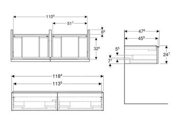 GEBERIT ICON skrinka pod dvojumývadlo 118,4x47,6x24,7 cm, 2 zásuvky, lesklá biela 502.314.01.1 Technický nákres