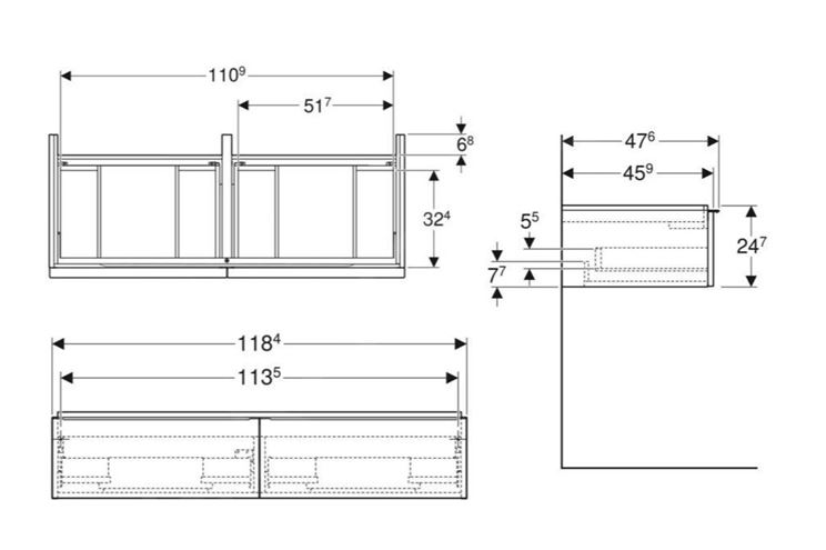 GEBERIT ICON skrinka pod dvojumývadlo 118,4x47,6x24,7 cm, 2 zásuvky, lesklá biela 502.314.01.2 Technický nákres