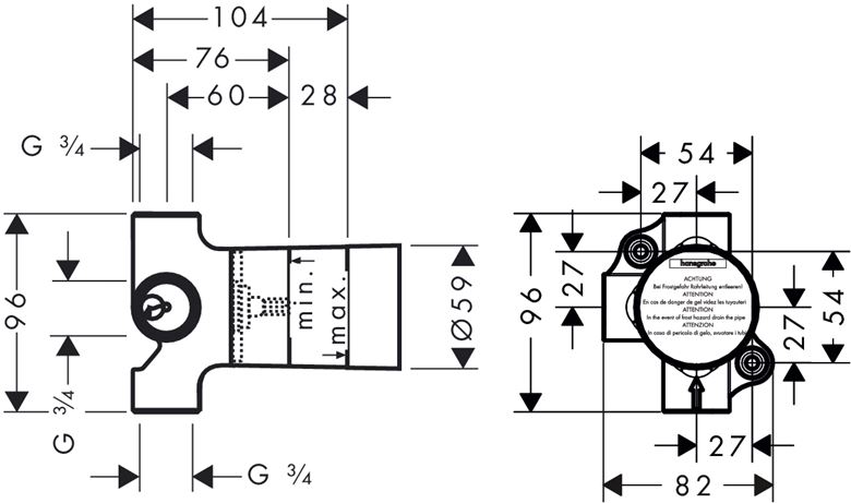 HANSGROHE TRIO podomietkové teleso 15981180 Technický nákres