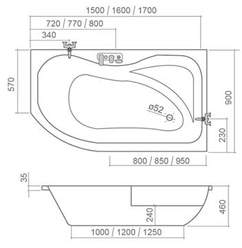 ROTH ACTIVA rohová vaňa 160x90 cm, bez nožičiek, akrylát 8420000 Technický nákres