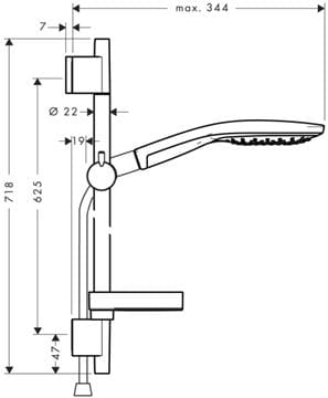 HANSGROHE RAINDANCE SELECT S 150 3JET sprchová súprava 4-dielna, ručná sprcha pr. 150 mm, 3 prúdy, tyč, hadica, mydelnička, chróm 27802000 Technický nákres