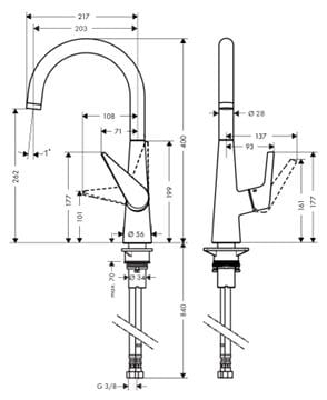 HANSGROHE TALIS M51 drezová batéria, chróm 72810000 Technický nákres
