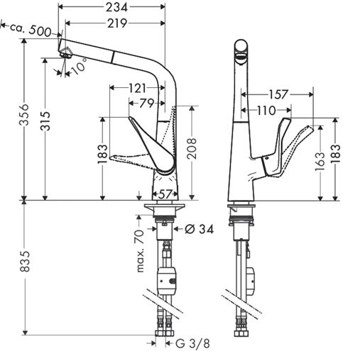 HANSGROHE METRIS M71 drezová batéria, s vyťahovacou koncovkou, chróm 14821000 Technický nákres