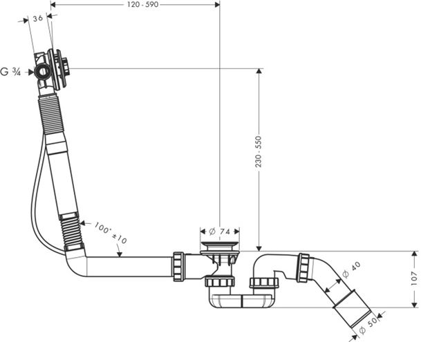 HANSGROHE EXAFILL S vaňový sifón 78 cm, s napúšťaním prepadom, bovden, chróm 58116180 Technický nákres