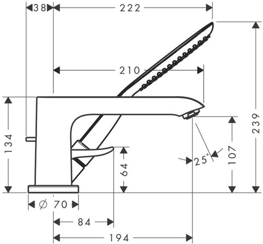 HANSGROHE METRIS batéria na okraj vane, 3-otvorová, so sprchovou súpravou, chróm 31190000 Technický nákres