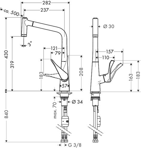 HANSGROHE METRIS M71 drezová batéria, s vyťahovacou sprškou, nerez 14820800 Technický nákres