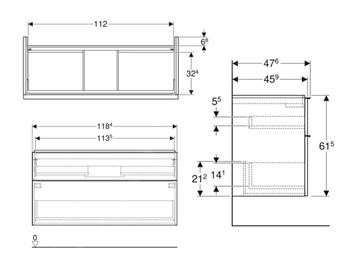 GEBERIT ICON skrinka pod umývadlo 118,4x47,6x61,5 cm, 2 zásuvky, dub 502.306.JH.1 Technický nákres