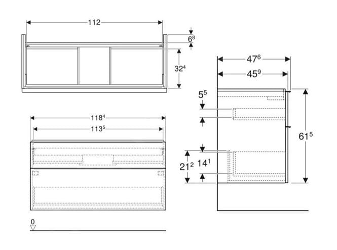 GEBERIT ICON skrinka pod umývadlo 1184x476x615mm, závesná, 2 zásuvky, úchytka matná láva, orech hickory 502.306.JR.1 Technický nákres