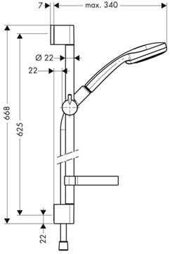 HANSGROHE CROMA 100 4JET sprchová súprava 4-dielna, ručná sprcha pr. 100 mm, 4 prúdy, tyč, hadica, mydelnička, EcoSmart, chróm 27776000 Technický nákres